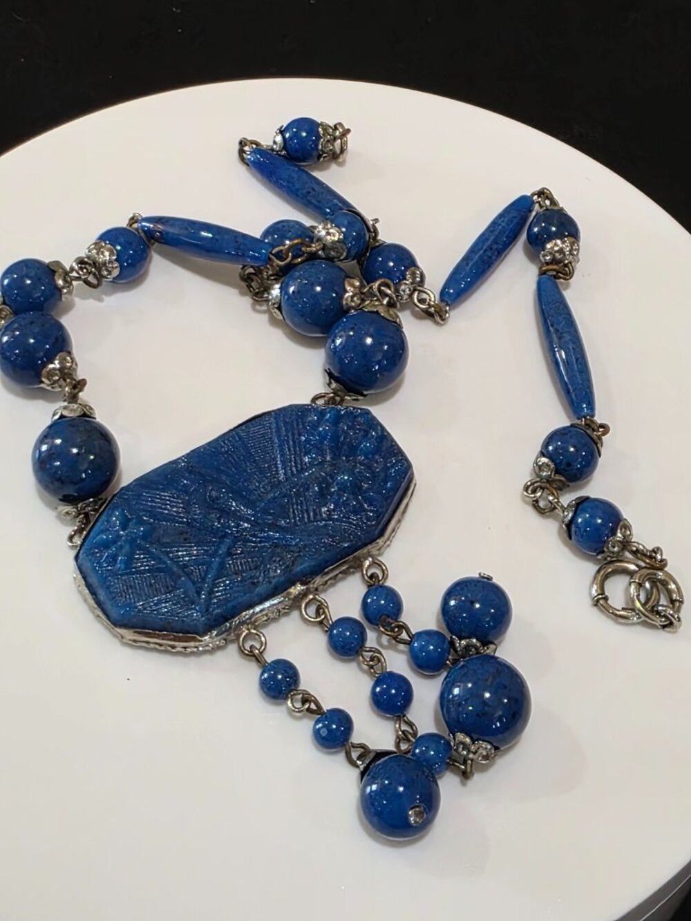 Vintage ART DECO Czech Blue Lapis Exotic Glass Bird Pendant Necklace 14" Bohemia - Picture 4 of 13